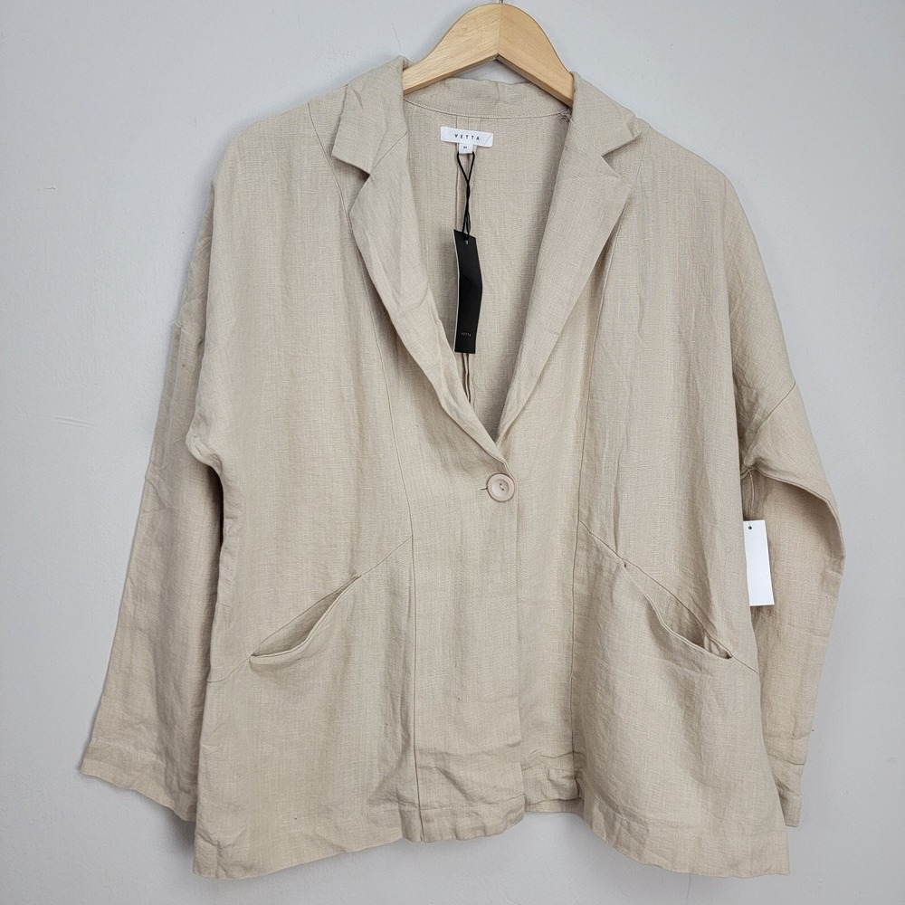 VETTA 100% Linen Blazer Stone Wander Womens size M One Button Pockets. NO BELT!